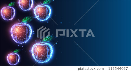 Futuristic banner with multiple glowing apples and space for text on dark blue background 115544057