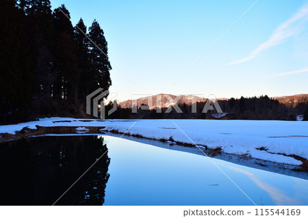 充滿水的稻田，冬天的風景（新潟縣） 115544169