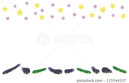 Frame of Obon's spirit horses and spirit cows and star-shaped flowers 115544257