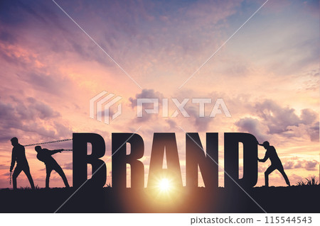 Silhouettes of people drawing the word BRAND on a sunset background, business concept Silhouettes of people drawing the word BRAND on a sunset background, business concept 115544543