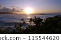 Sunset over the ocean with waves moving to shore 115544620