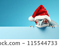 Funny chameleon in a red Santa Claus hat on a blue background. New Year or Christmas banner concept with chameleon and free space. 115544733