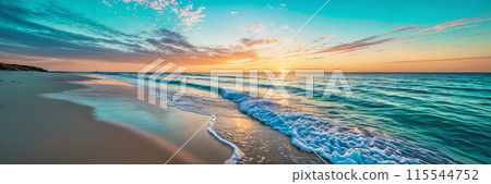 Sunset on beach with ocean waves. 115544752