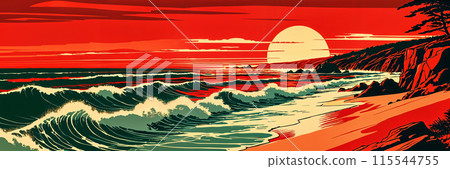 Sunset on the beach with waves crashing. 115544755