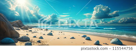 Sun shining on beach with rocks and ocean. Sun shining on beach with rocks and ocean. 115544756