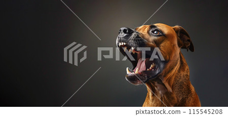 Design Barking Brown Playful Pit Bull Terrier On Black Background. Horizontal Mockup. Copy Space. Breeding. Dog Training Or Pet Clinic. Canine Emotions. AI Generated 115545208