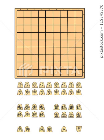 A simple brown shogi board and various types of shogi pieces A simple brown shogi board and various types of shogi pieces 115545370