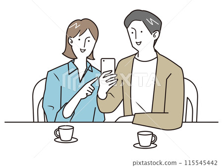 Young men and women talking while looking at smartphones Young men and women talking while looking at smartphones 115545442