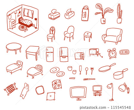 Illustration of furniture and objects in a room - red Illustration of furniture and objects in a room - red 115545548