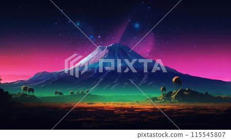 Enchanting Landscape of Fuji Mountain in Japan with Pink neon Sky and Snowy Peaks 115545807