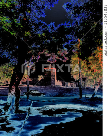 The populated area is depicted in a picturesque drawing. T-shaped intersection with beautiful trees and a car, in the background is the Akerman Fortress. 115545835