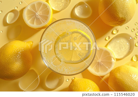 Glass of fresh lemon water on yellow background, closeup. Citrus drink Glass of fresh lemon water on yellow background, closeup. Citrus drink 115546020
