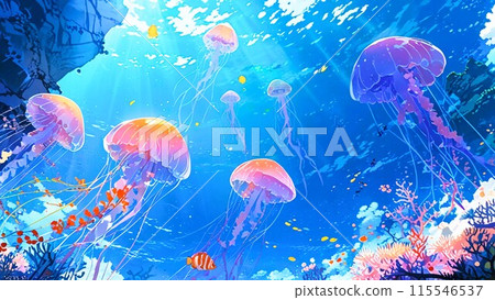 美麗的大海和游泳水母背景圖像的插圖 115546537