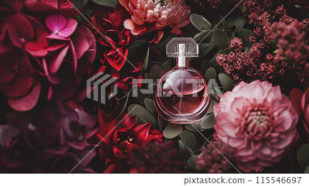Perfume bottle with beautiful flowers. Floral background. Beauty concept. Flat lay, top view. Perfume bottle with beautiful flowers. Floral background. Beauty concept. Flat lay, top view. 115546697
