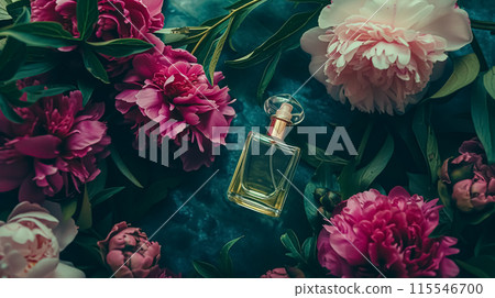 Perfume bottle with beautiful flowers. Floral background. Beauty concept. Flat lay, top view. 115546700