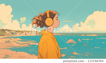 Woman with headphones looking out at the sea Woman with headphones looking out at the sea 115546764