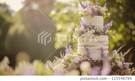 Wedding cake with lavender flowers. Festive table decoration. 115546784