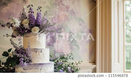 Wedding cake with lavender flowers. Festive table decoration. 115546878