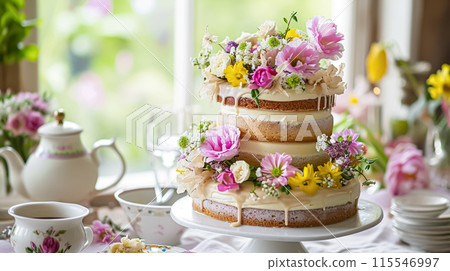Birthday cake with candles and flowers on the table. Selective focus. 115546997