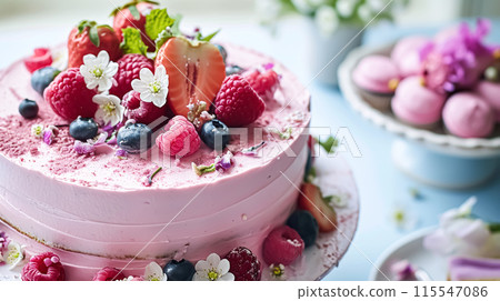 Birthday cake with candles and flowers on the table. Selective focus. 115547086