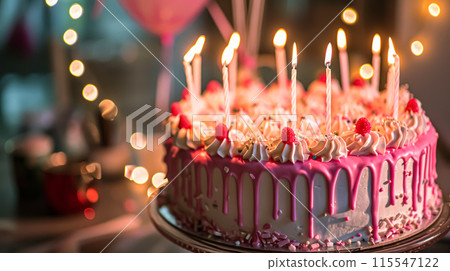 Birthday cake with candles and flowers on the table. Selective focus. 115547122