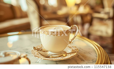 Elegant table setting for tea party with cakes and cupcakes in English manor. Selective focus. Vintage style 115547138