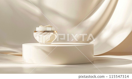 Face cream in a glass jar on a white and gold background. Skin care concept. Backdrop for beauty cosmetic products Face cream in a glass jar on a white and gold background. Skin care concept. Backdrop for beauty cosmetic products 115547314