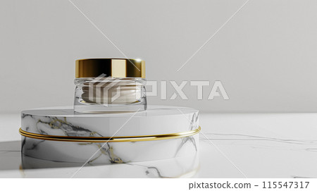 Face cream in a glass jar on a white and gold background. Skin care concept. Backdrop for beauty cosmetic products 115547317