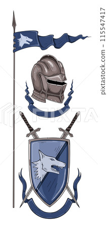 Medieval knight shield, crossed swords, helmet and spear flag Medieval knight shield, crossed swords, helmet and spear flag 115547417
