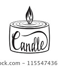 Handmade candle. candle lettering style. Line drawing of a simple round burning candle. Isolated 115547436