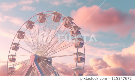 Colorful Pink Ferris Wheel at Sunset with Dramatic Cloudy Sky, Trees, Amusement Park 115547672