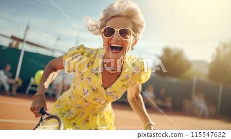 Active senior woman enjoying playing tennis outdoors on a sunny day Active senior woman enjoying playing tennis outdoors on a sunny day 115547682