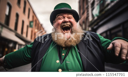 Happy St Patricks Day An Irishman in a green suit and hat is laughing. 115547701