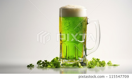 Cold green Beer with foam in a mug with Four-Leaf Clovers on light background, St. Patricks Day Celebration 115547709