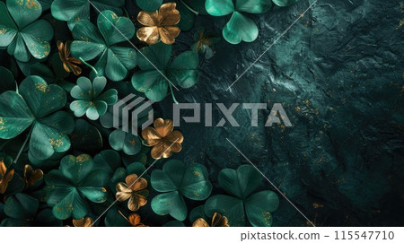 Delicate dewdrop on vibrant green four-leaf clover, stunning natural floral backdrop with soft bokeh. St Patricks Day Delicate dewdrop on vibrant green four-leaf clover, stunning natural floral backdrop with soft bokeh. St Patricks Day 115547710