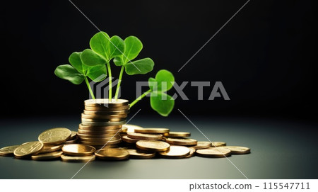 Green clover leaves are growing on stack of gold coins on black background symbolizing luck and prosperity. St Patricks Day Green clover leaves are growing on stack of gold coins on black background symbolizing luck and prosperity. St Patricks Day 115547711