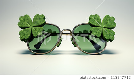 Fashionable Vintage Green Sunglasses with Four-Leaf Clovers on white background. St Patricks Day Fashionable Vintage Green Sunglasses with Four-Leaf Clovers on white background. St Patricks Day 115547712
