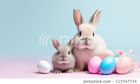 Two cute rabbits with colorful Easter eggs on blue background 115547714