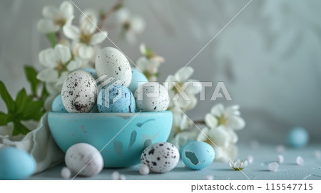 Blue Easter Eggs with White Polka Dots on Light Blue Background. Easter eggs 115547715