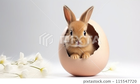 Cute baby rabbit peeking out of a cracked Easter egg on a white background 115547720