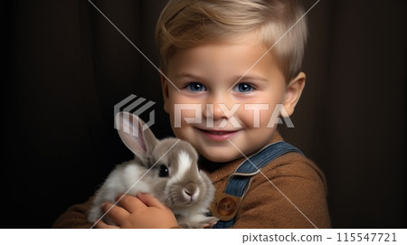 Studio shot of toddler boy hugging gray Easter bunny in heartwarming display of love and affection. 115547721