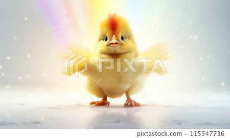 Vibrant chicken flying with colorful rainbow feathers in the sky on bright background Vibrant chicken flying with colorful rainbow feathers in the sky on bright background 115547736