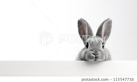 Surprised Funny Cute Bunny with Big Eyes looking out of white banner on Light Background, Cute Animal Portrait 115547738