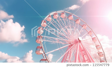 Colorful Pink Ferris Wheel at Sunset with Dramatic Cloudy Sky, Trees, Amusement Park 115547779