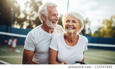 Happy elderly couple in sporty outfits smiling on tennis court, enjoying active lifestyle together 115547849