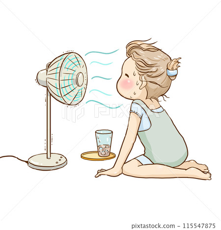 一個女孩用風扇降溫 一個女孩用風扇降溫 115547875