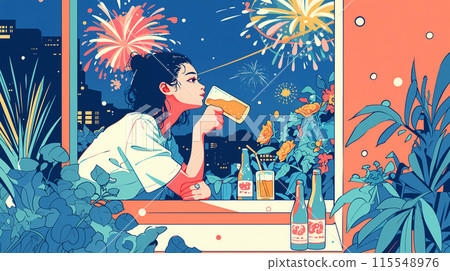 A woman drinking beer and watching fireworks in her room 115548976