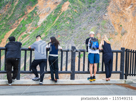 Tourists peering into the eruption of Owakudani, Hakone 115549151