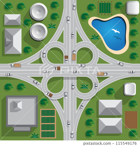 Road bridge. Road junction. View from above. Vector illustration. Road bridge. Road junction. View from above. Vector illustration. 115549176
