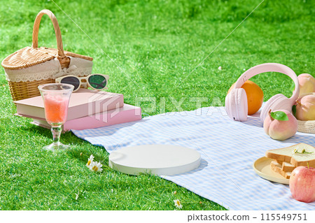 Picnic setup on green meadow in shining day, vacant platform for product showing and many picnic things placed on blue picnic carpet. Blank space for promotional, front angle 115549751